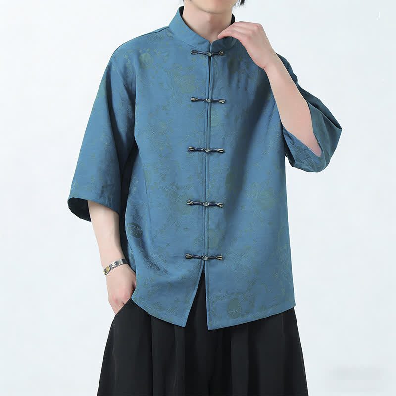 Nimara Ritual Summer Tang Style Mandarin Collar Frog Button Side Slit Solid Men's Elbow-Length Sleeve Shirts