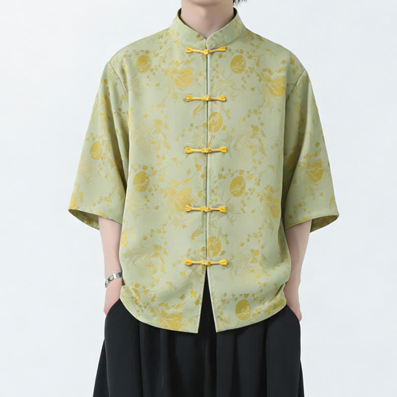 Nimara Ritual Summer Tang Style Mandarin Collar Frog Button Side Slit Solid Men's Elbow-Length Sleeve Shirts