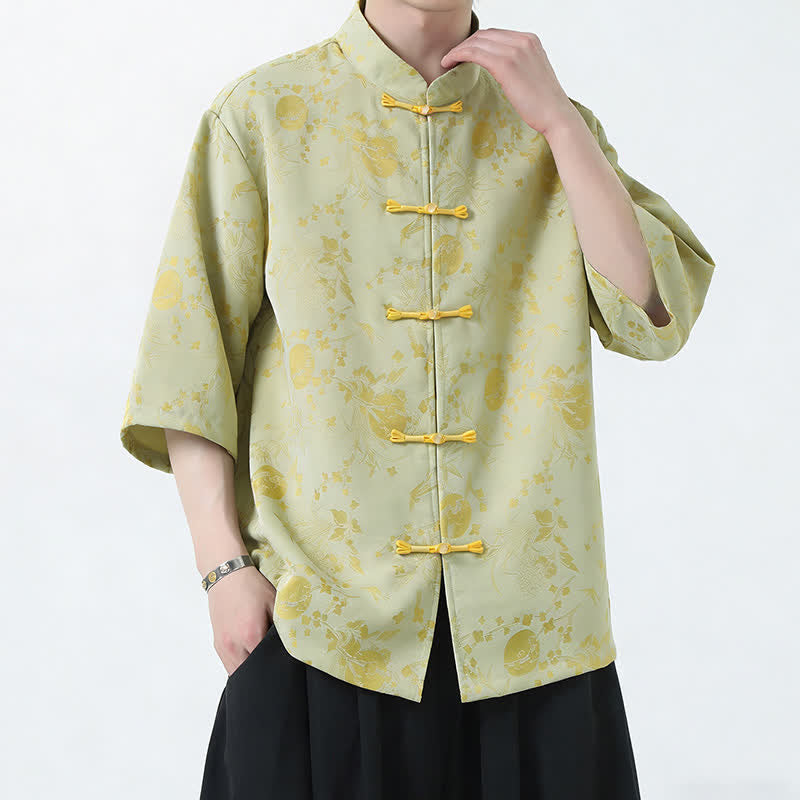 Nimara Ritual Summer Tang Style Mandarin Collar Frog Button Side Slit Solid Men's Elbow-Length Sleeve Shirts