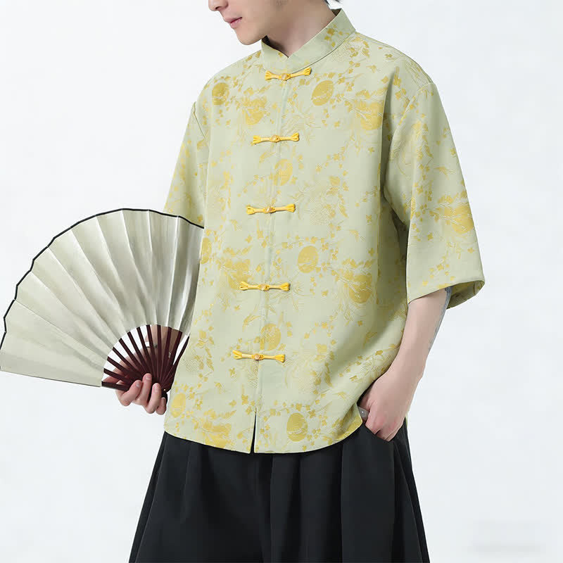 Nimara Ritual Summer Tang Style Mandarin Collar Frog Button Side Slit Solid Men's Elbow-Length Sleeve Shirts