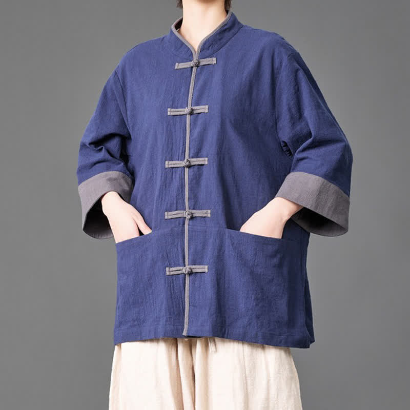 Nimara Ritual Summer Tang Style Mandarin Collar Frog button Solid Men's Elbow-Length Sleeve Shirts With Pockets