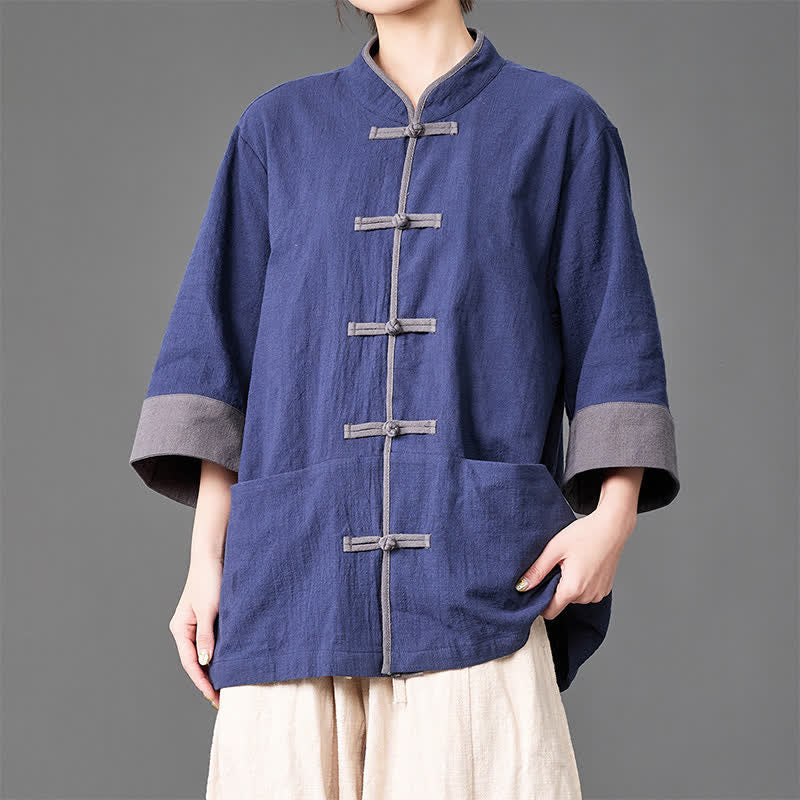 Nimara Ritual Summer Tang Style Mandarin Collar Frog button Solid Men's Elbow-Length Sleeve Shirts With Pockets