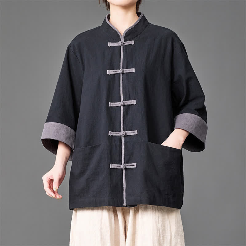 Nimara Ritual Summer Tang Style Mandarin Collar Frog button Solid Men's Elbow-Length Sleeve Shirts With Pockets