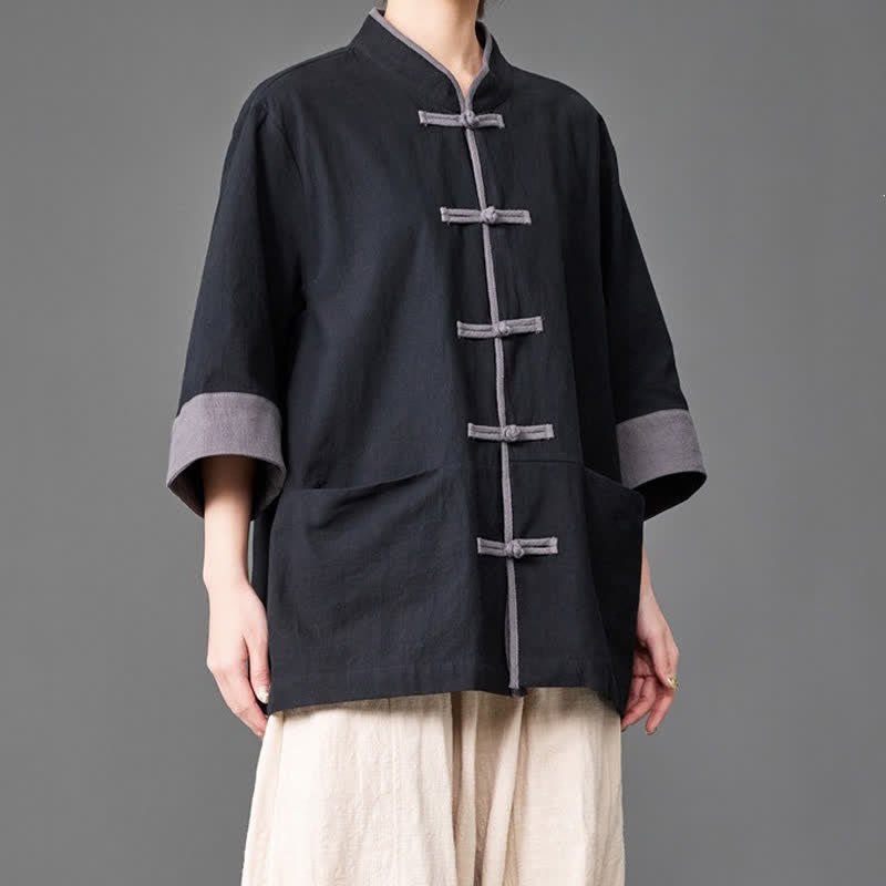 Nimara Ritual Summer Tang Style Mandarin Collar Frog button Solid Men's Elbow-Length Sleeve Shirts With Pockets