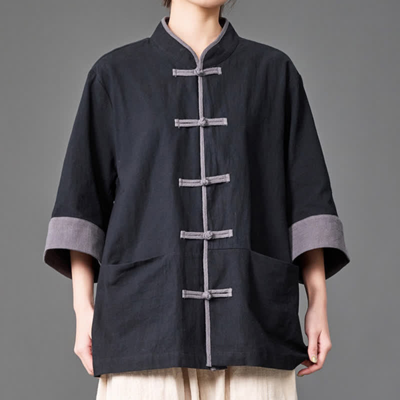 Nimara Ritual Summer Tang Style Mandarin Collar Frog button Solid Men's Elbow-Length Sleeve Shirts With Pockets
