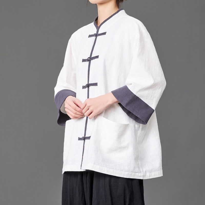 Nimara Ritual Summer Tang Style Mandarin Collar Frog button Solid Men's Elbow-Length Sleeve Shirts With Pockets
