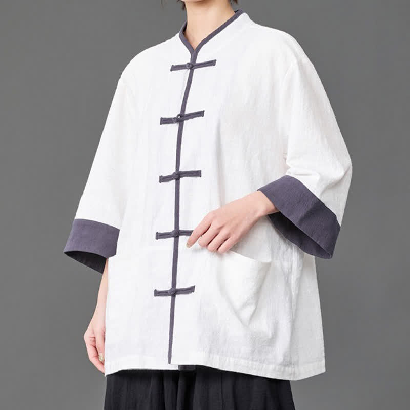 Nimara Ritual Summer Tang Style Mandarin Collar Frog button Solid Men's Elbow-Length Sleeve Shirts With Pockets