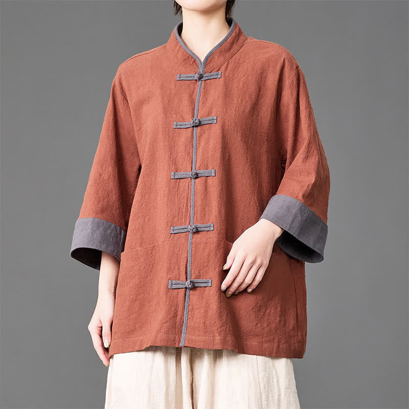 Nimara Ritual Summer Tang Style Mandarin Collar Frog button Solid Men's Elbow-Length Sleeve Shirts With Pockets