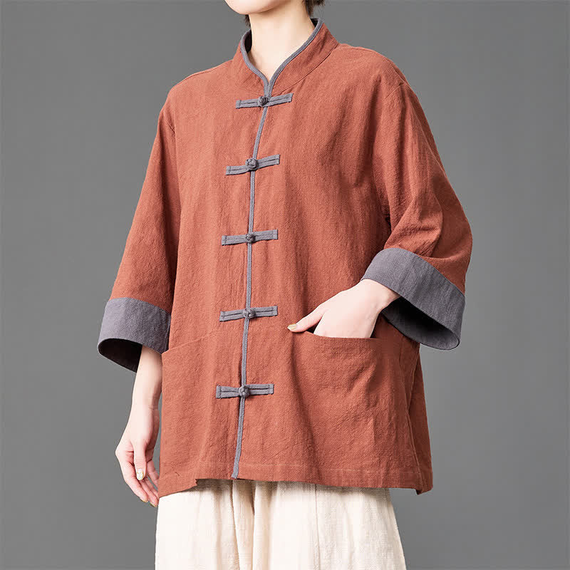 Nimara Ritual Summer Tang Style Mandarin Collar Frog button Solid Men's Elbow-Length Sleeve Shirts With Pockets