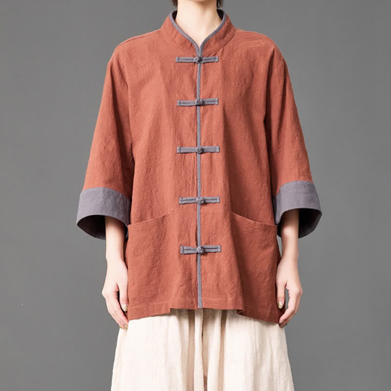 Nimara Ritual Summer Tang Style Mandarin Collar Frog button Solid Men's Elbow-Length Sleeve Shirts With Pockets
