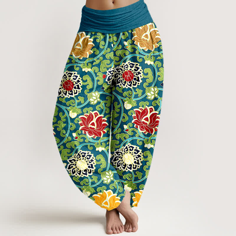 Nimara Ritual Pure Cotton Bohemian Lotus Vine Pattern Women's Elastic Waist Harem Pants