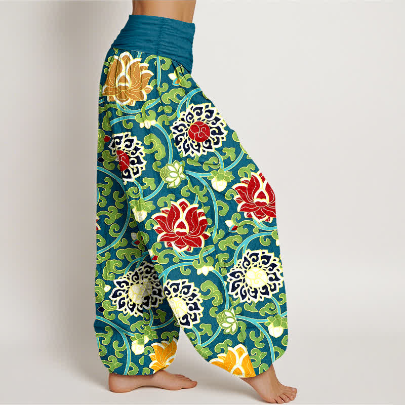 Nimara Ritual Pure Cotton Bohemian Lotus Vine Pattern Women's Elastic Waist Harem Pants