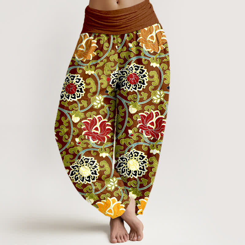 Nimara Ritual Pure Cotton Bohemian Lotus Vine Pattern Women's Elastic Waist Harem Pants
