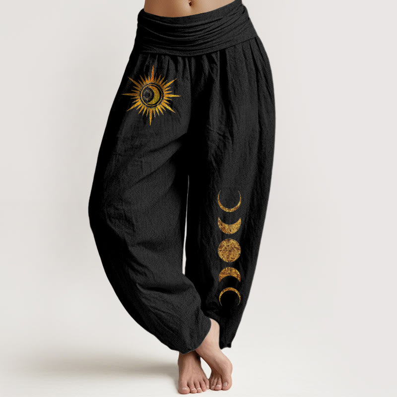 Nimara Ritual Pure Cotton Gold Sun Moon Phases Pattern Women's Elastic Waist Harem Pants