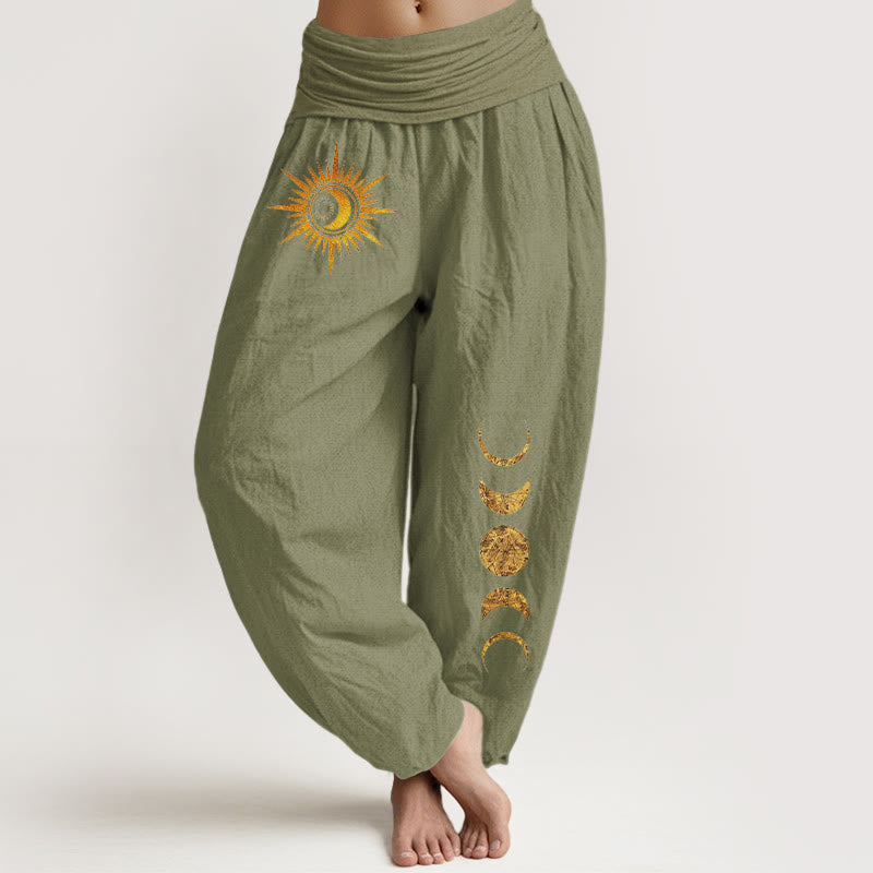 Nimara Ritual Pure Cotton Gold Sun Moon Phases Pattern Women's Elastic Waist Harem Pants