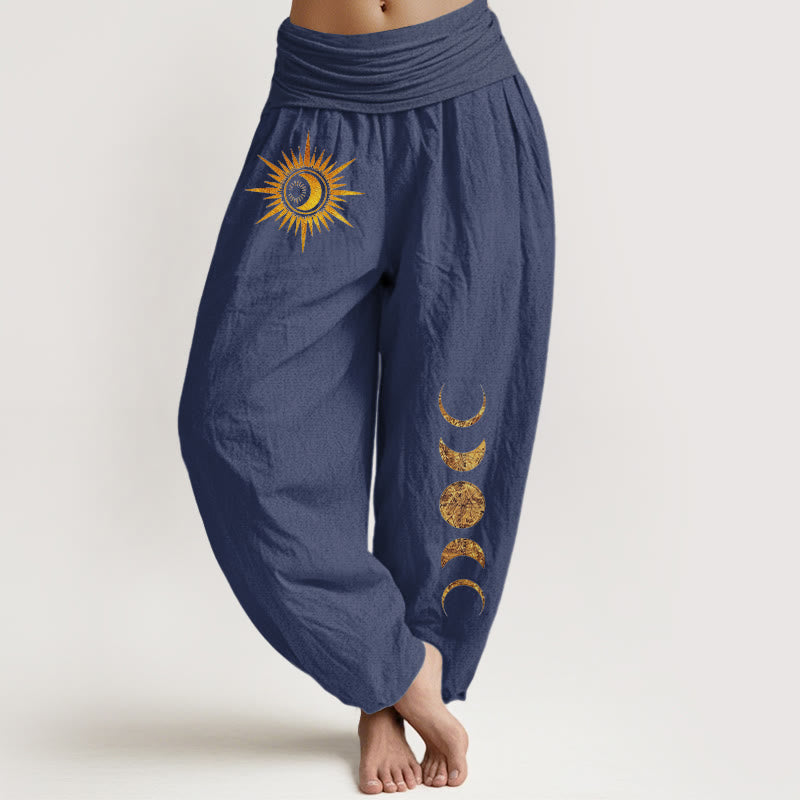 Nimara Ritual Pure Cotton Gold Sun Moon Phases Pattern Women's Elastic Waist Harem Pants