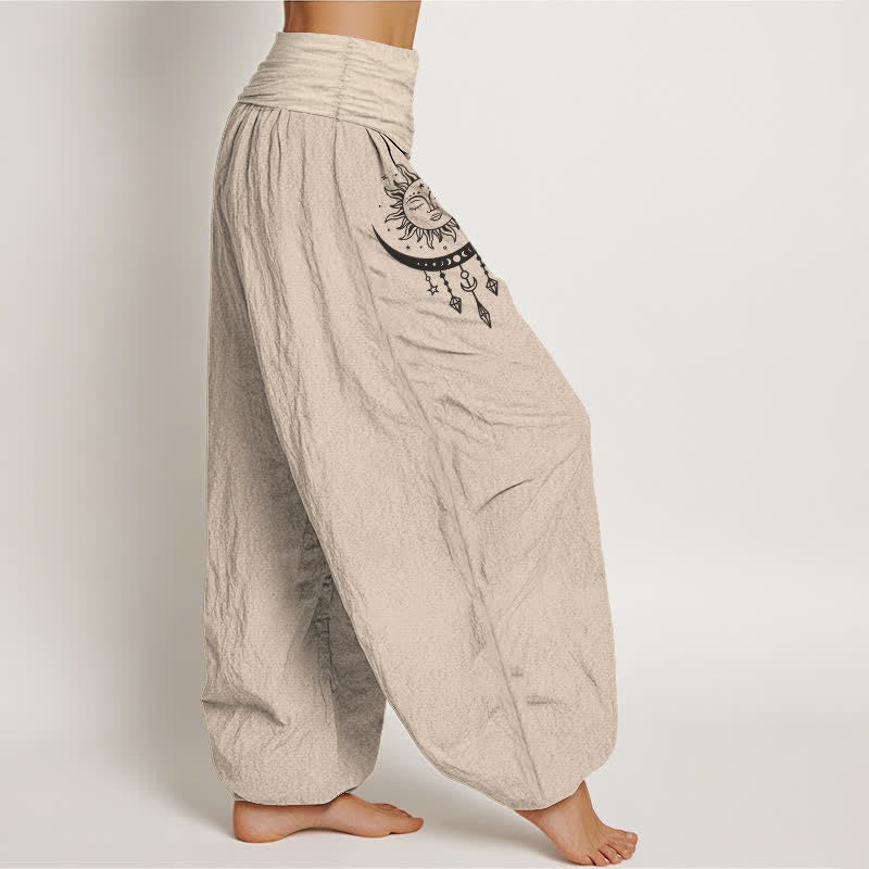 Nimara Ritual Pure Cotton Sun Moon Star Tassel Pattern Women's Elastic Waist Harem Pants