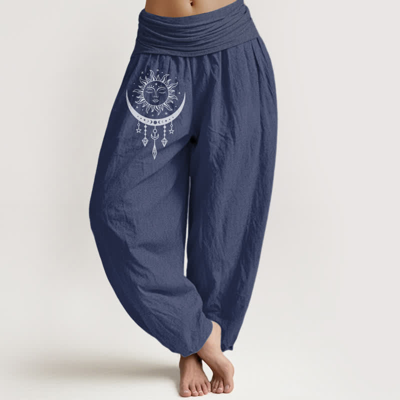 Nimara Ritual Pure Cotton Sun Moon Star Tassel Pattern Women's Elastic Waist Harem Pants