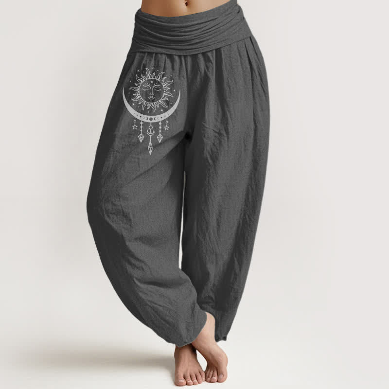 Nimara Ritual Pure Cotton Sun Moon Star Tassel Pattern Women's Elastic Waist Harem Pants