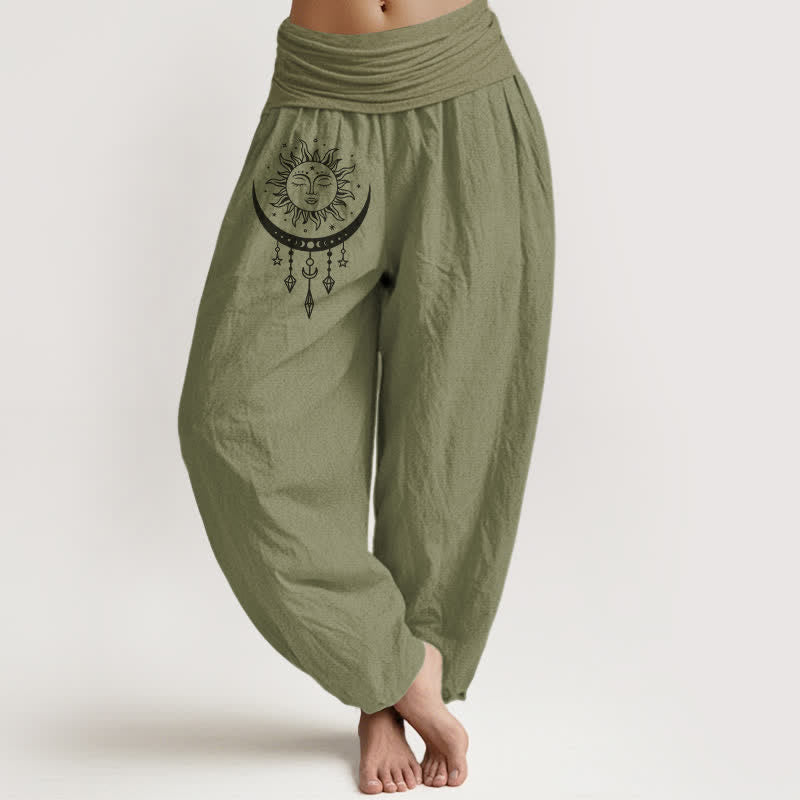 Nimara Ritual Pure Cotton Sun Moon Star Tassel Pattern Women's Elastic Waist Harem Pants