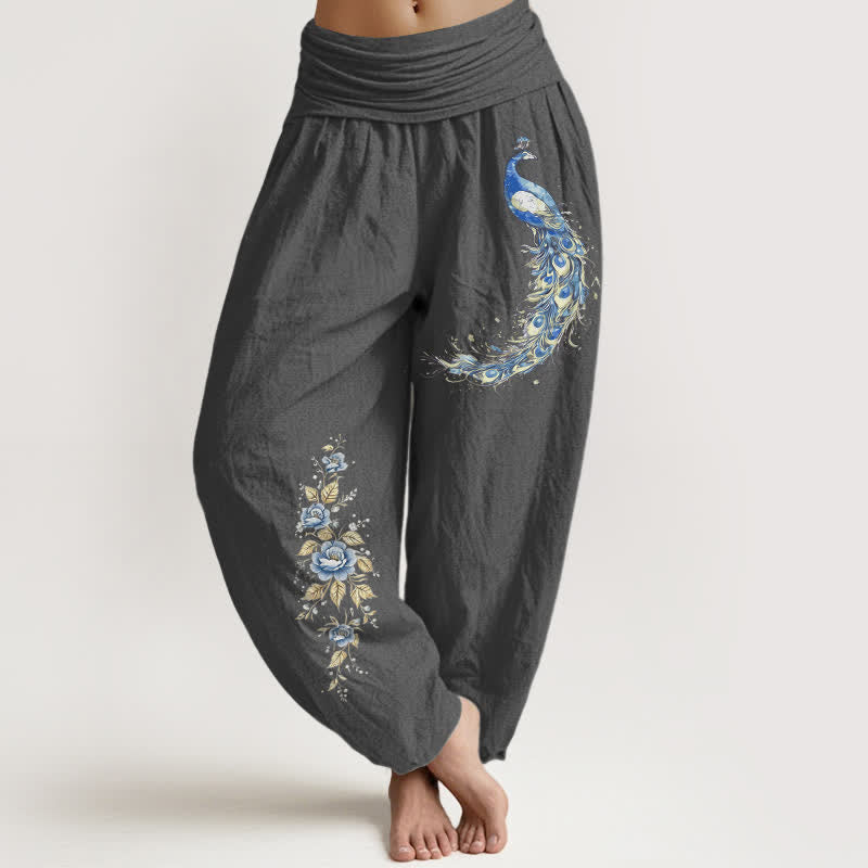 Nimara Ritual Pure Cotton Peacock Bloom Pattern Women's Elastic Waist Harem Pants