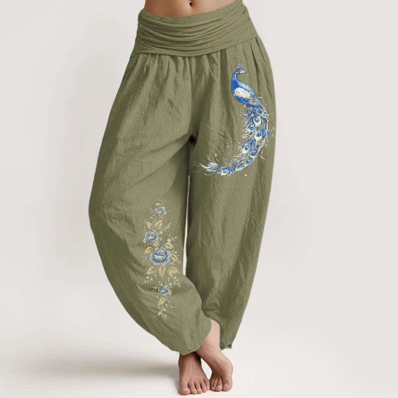 Nimara Ritual Pure Cotton Peacock Bloom Pattern Women's Elastic Waist Harem Pants