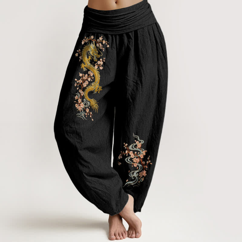 Nimara Ritual Pure Cotton Golden Dragon Pink Blossom Pattern Women's Elastic Waist Harem Pants
