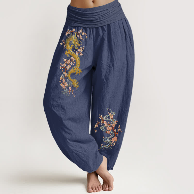 Nimara Ritual Pure Cotton Golden Dragon Pink Blossom Pattern Women's Elastic Waist Harem Pants