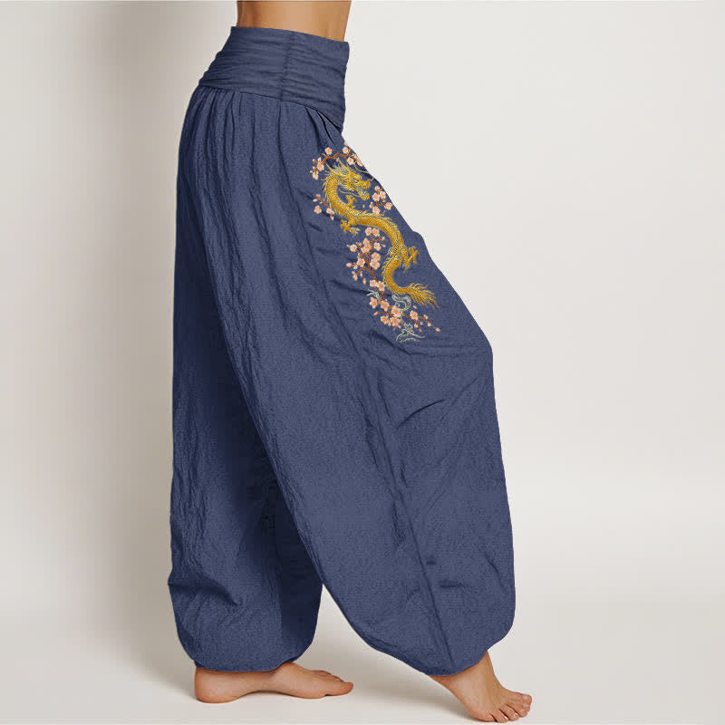 Nimara Ritual Pure Cotton Golden Dragon Pink Blossom Pattern Women's Elastic Waist Harem Pants