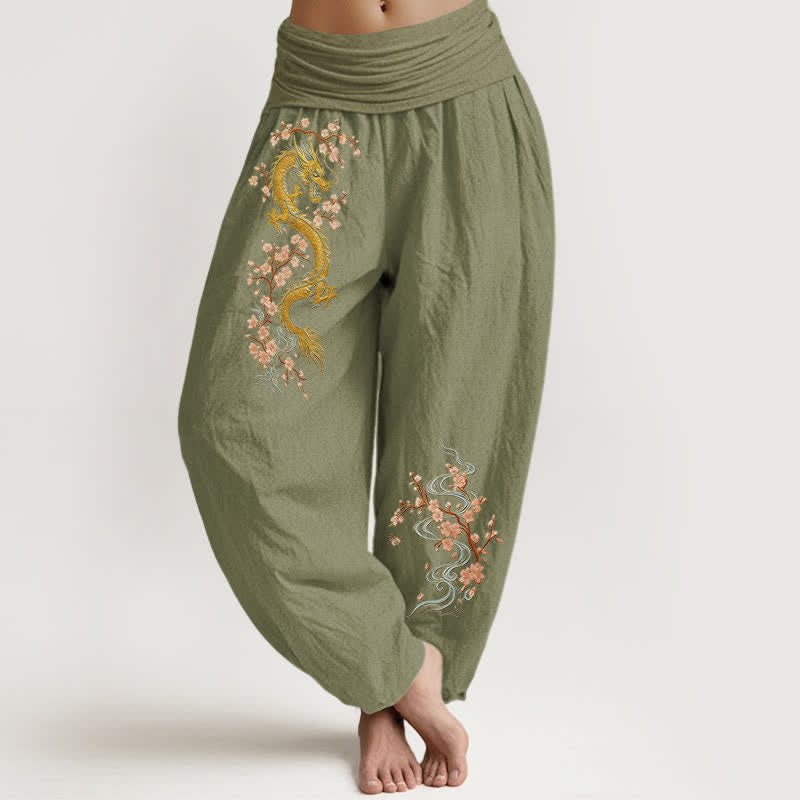 Nimara Ritual Pure Cotton Golden Dragon Pink Blossom Pattern Women's Elastic Waist Harem Pants