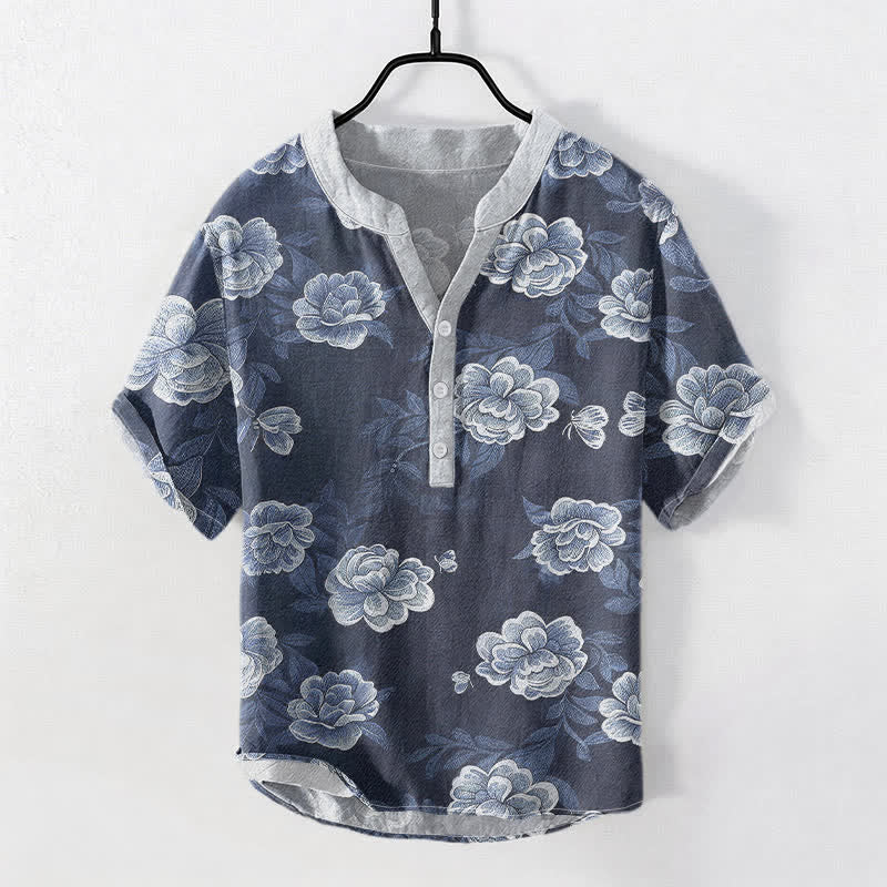 Nimara Ritual Cotton Vintage Peony Bloom Pattern Men's Short Sleeve Half Button Shirt