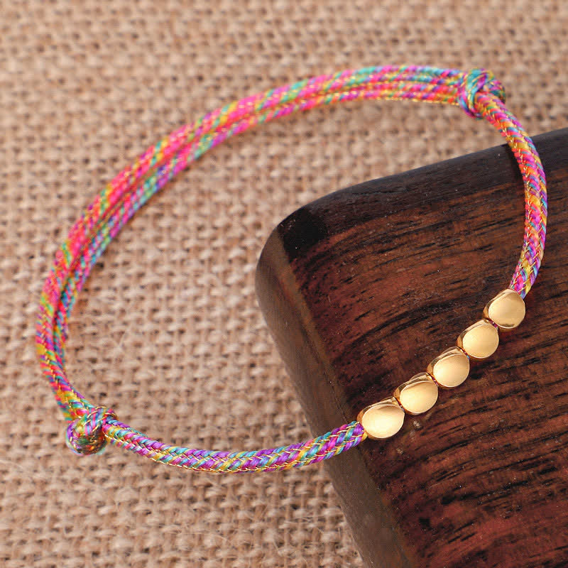 Nimara Ritual Rainbow Multicolor Braided String Golden Copper Beads Luck Bracelet
