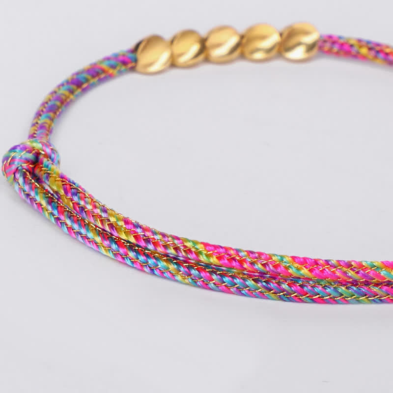 Nimara Ritual Rainbow Multicolor Braided String Golden Copper Beads Luck Bracelet