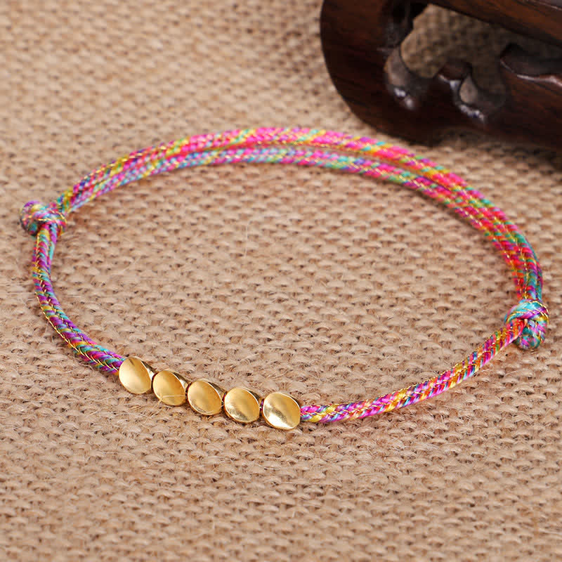 Nimara Ritual Rainbow Multicolor Braided String Golden Copper Beads Luck Bracelet