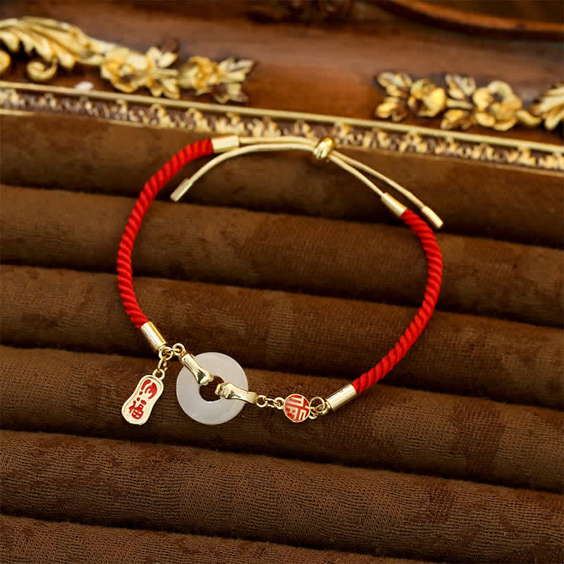 Nimara Ritual White Jade Red String Fu Character Braided Blessing Bracelet