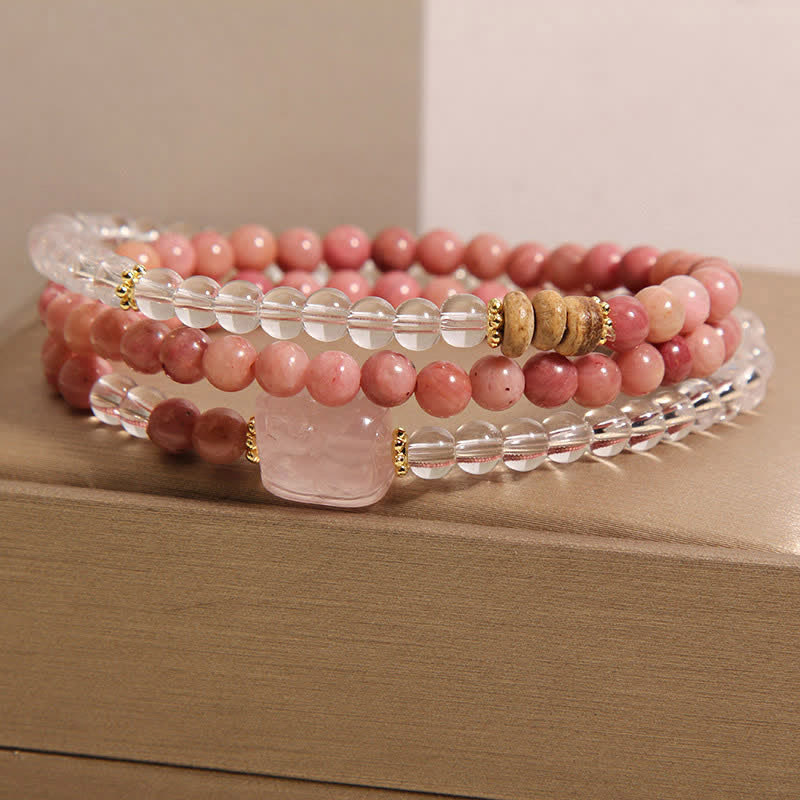 Nimara Ritual Rhodonite Clear Quartz Rose Quartz PiXiu Triple Wrap Bracelet