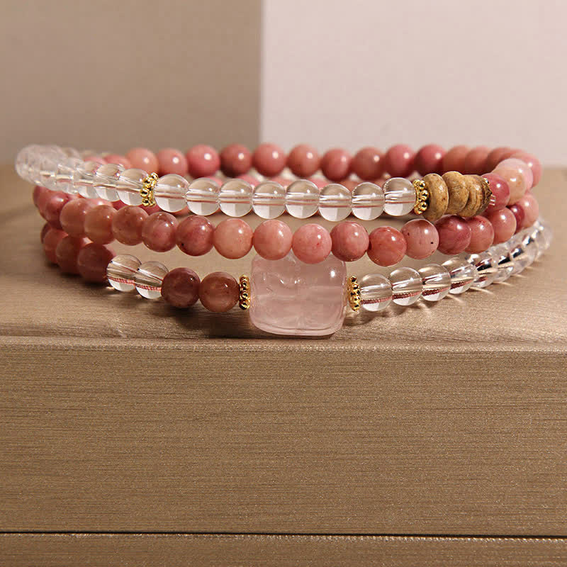 Nimara Ritual Rhodonite Clear Quartz Rose Quartz PiXiu Triple Wrap Bracelet