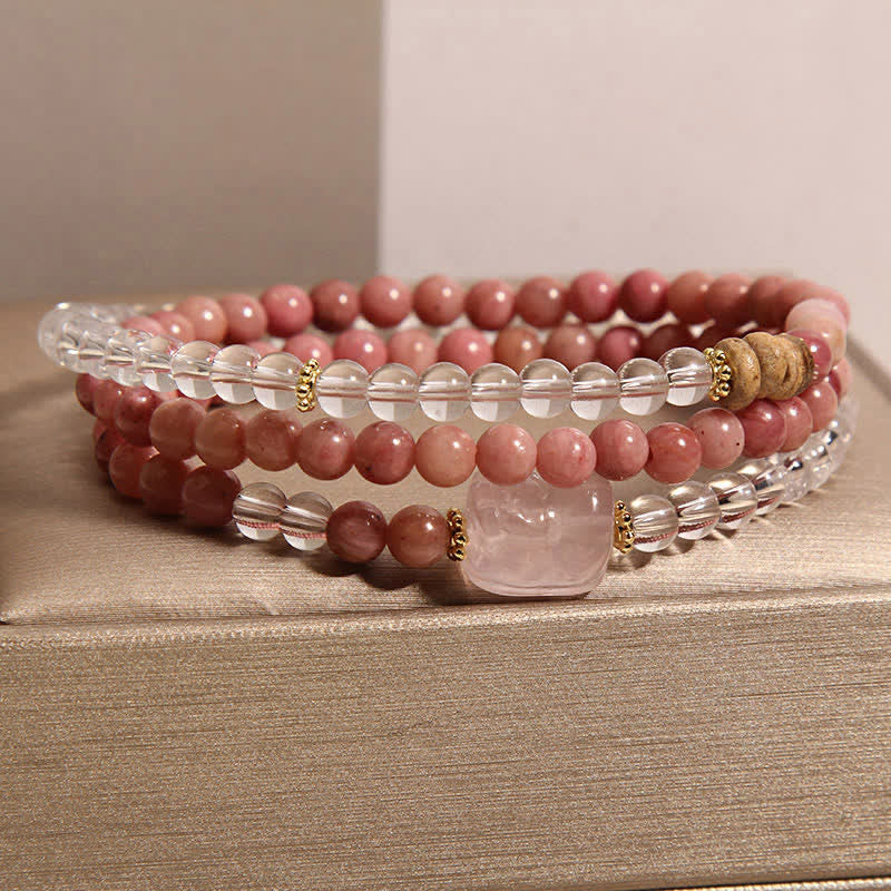 Nimara Ritual Rhodonite Clear Quartz Rose Quartz PiXiu Triple Wrap Bracelet