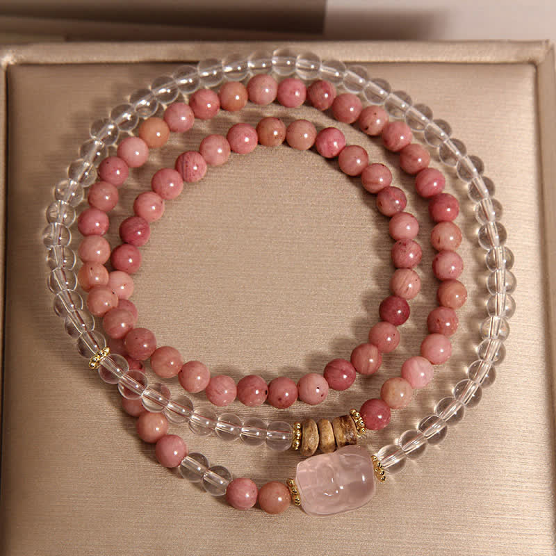 Nimara Ritual Rhodonite Clear Quartz Rose Quartz PiXiu Triple Wrap Bracelet