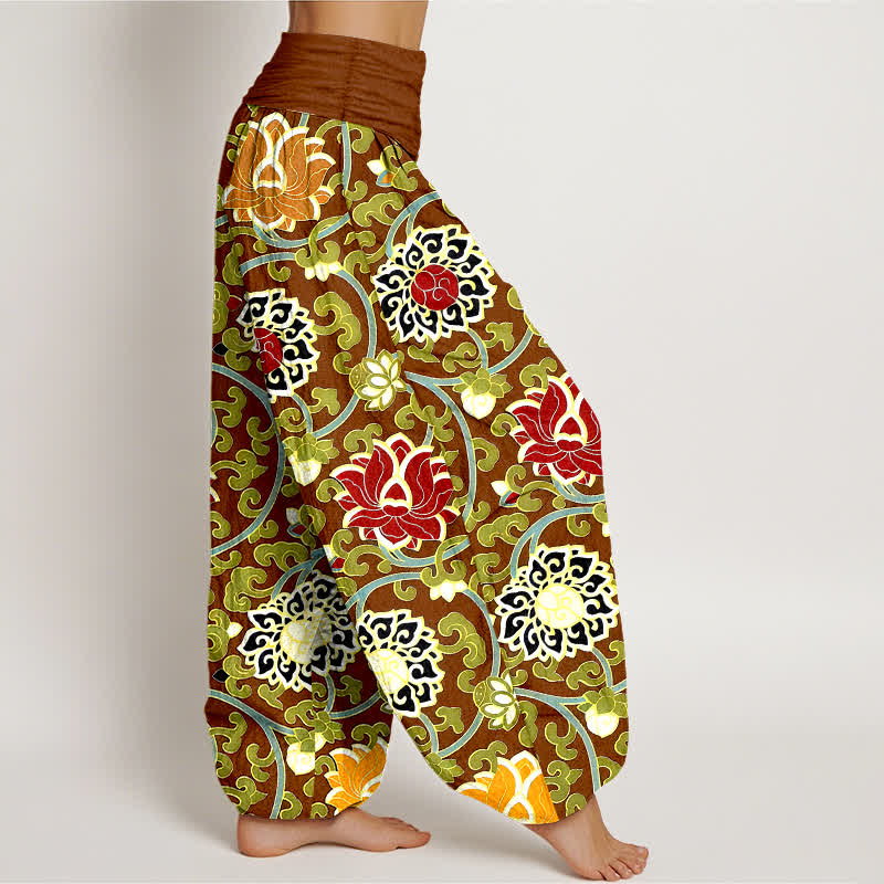 Nimara Ritual Pure Cotton Bohemian Lotus Vine Pattern Women's Elastic Waist Harem Pants