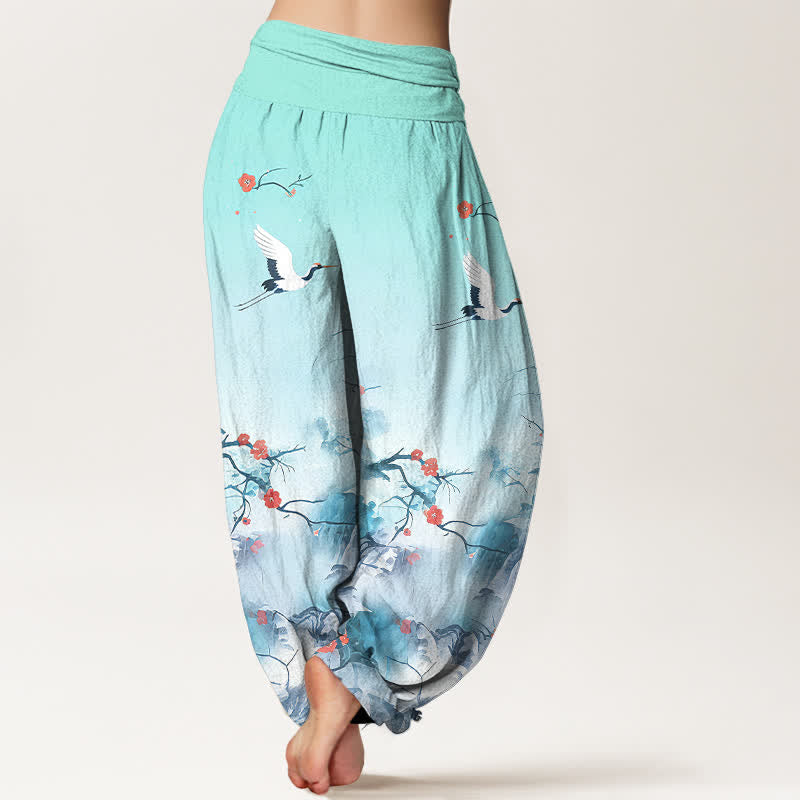 Nimara Ritual Pure Cotton Blue Ombre Crane Blossom Pattern Women's Elastic Waist Harem Pants