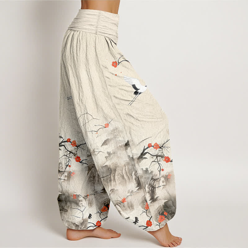 Nimara Ritual Pure Cotton Blue Ombre Crane Blossom Pattern Women's Elastic Waist Harem Pants