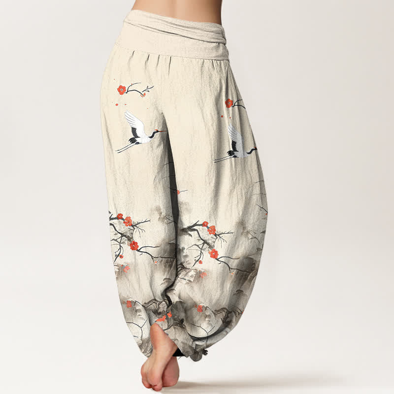 Nimara Ritual Pure Cotton Blue Ombre Crane Blossom Pattern Women's Elastic Waist Harem Pants