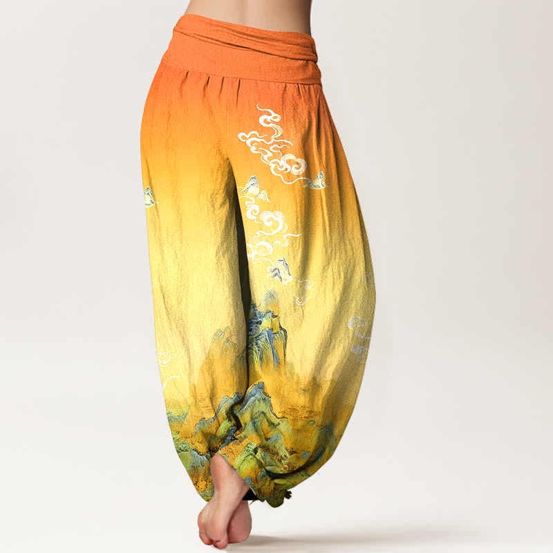 Nimara Ritual Pure Cotton Ink Wash Mountain Gradient Pattern Women's Elastic Waist Harem Pants