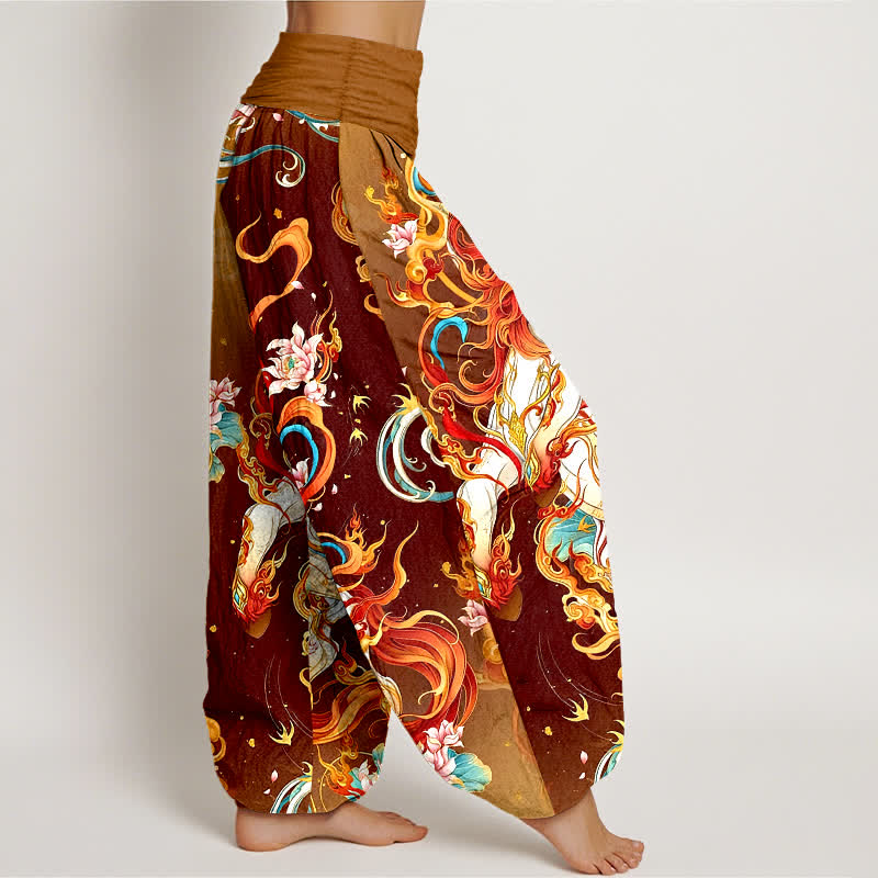 Nimara Ritual Pure Cotton Mythical Phoenix Flame Pattern Women's Elastic Waist Harem Pants