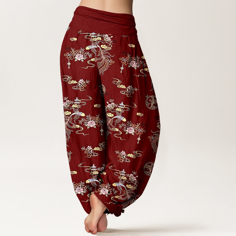 Nimara Ritual Pure Cotton Oriental Cloud Floral Pattern Women's Elastic Waist Harem Pants