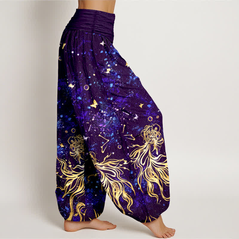 Nimara Ritual Pure Cotton Celestial Galaxy Butterfly Pattern Women's Elastic Waist Harem Pants