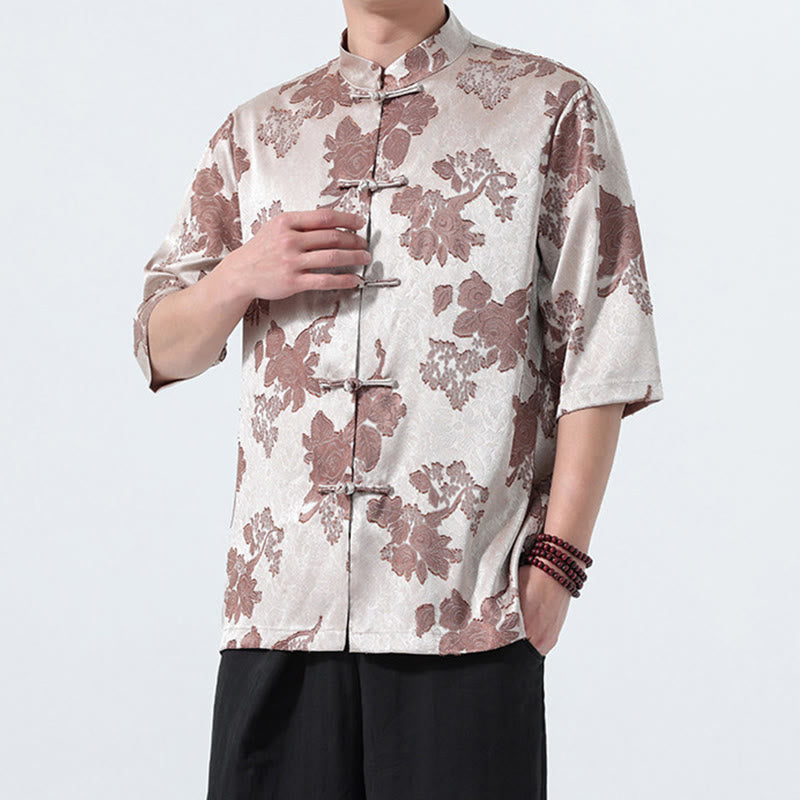 Nimara Ritual Summer Tang Style Mandarin Collar Frog Button Floral Jacquard Men's Elbow-Length Sleeve Shirt