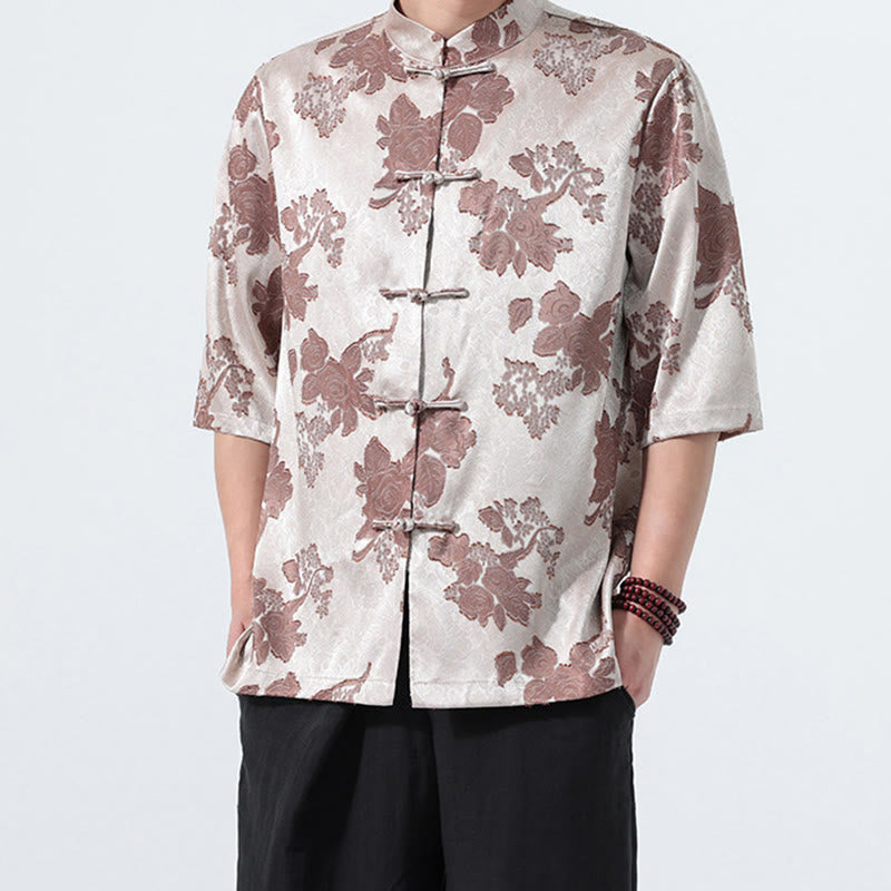 Nimara Ritual Summer Tang Style Mandarin Collar Frog Button Floral Jacquard Men's Elbow-Length Sleeve Shirt