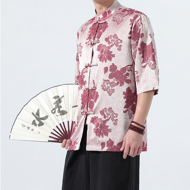 Nimara Ritual Summer Tang Style Mandarin Collar Frog Button Floral Jacquard Men's Elbow-Length Sleeve Shirt
